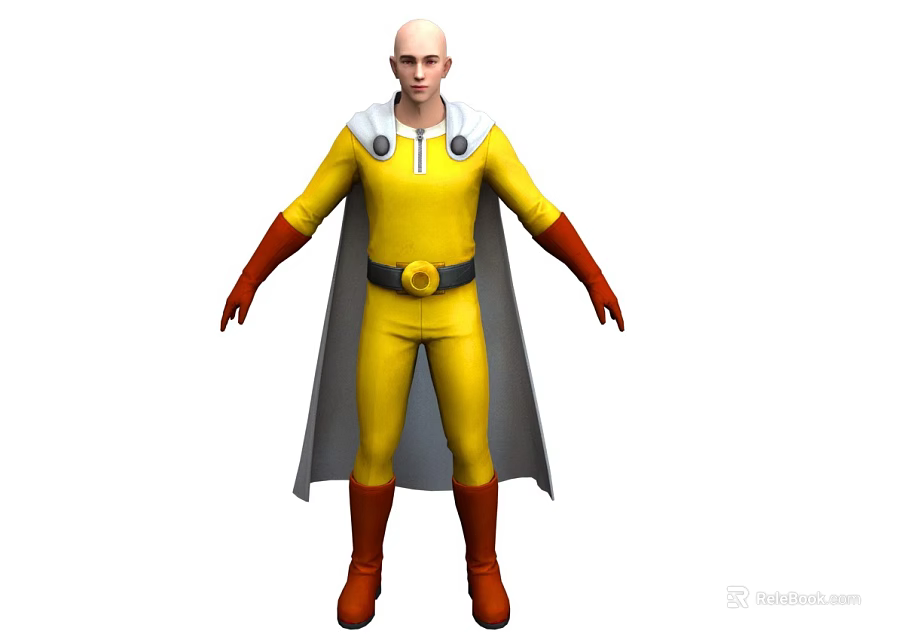 Man In Yellow Costume With Red Gloves Boots And Gray Cape Standing 3d model 