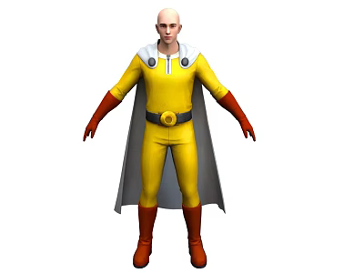 Man In Yellow Costume With Red Gloves Boots And Gray Cape Standing 3d model