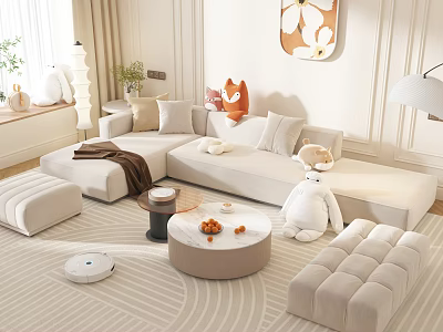 Cozy Living Room L Shaped Sofa with Throw Pillows Ottoman and Round Coffee Table Set 3d model