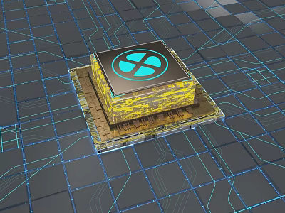 Square Chip With Yellow Texture And Blue Logo On Circuit Board With Blue Lines Background 3d model
