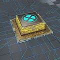 Square Chip With Yellow Texture And Blue Logo On Circuit Board With Blue Lines Background