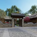 Rural Landscape With Tiled Roof Gatehouse Stone Walls Cobblestone Path And Surrounding Trees