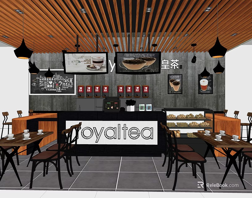 Royaltea Milk Tea Shop Interior With Wooden Ceiling Black Pendant Lights Wall Menu Drink 3d model 