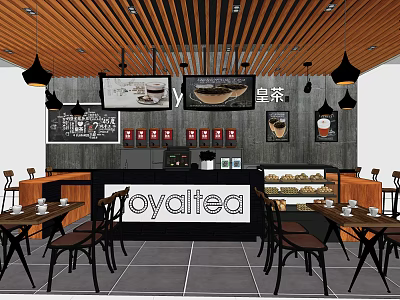 Royaltea Milk Tea Shop Interior With Wooden Ceiling Black Pendant Lights Wall Menu Drink 3d model