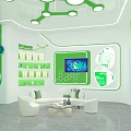 Modern Green Exhibition Interior With Sofa Display Shelves Digital Screen And White Seating 3d model