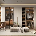 Modern Walk-in Closet Interior With Glass Door Cabinets Hanging Folded Clothes And Bench