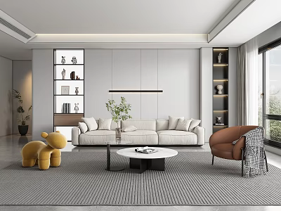 Modern Living Room Interior Featuring Beige Sofa Round Coffee Table Striped Rug Bookshelf And Plants 3d model