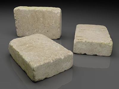 Three Natural Stone Blocks Still Life Display With Rough Texture On Gray Background 3d model