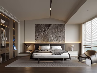 Modern Bedroom Interior With Textured Stone Wall Built In Wardrobe Bedside Tables And Armchair 3d model