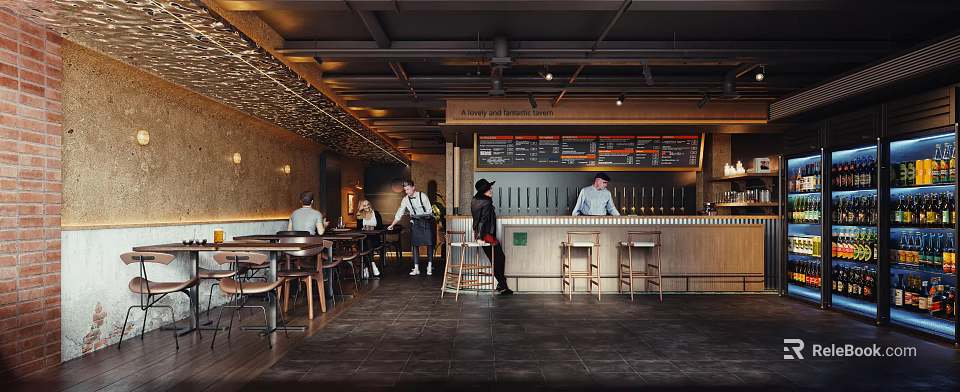 Modern Bar Interior With Wooden Counter Menu Board Customers Staff And Seating Area 3d model 