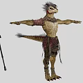 Mythical Game Movie Character With Bird Head Feathered Scaled Body Tattered Clothing And Axe Weapon