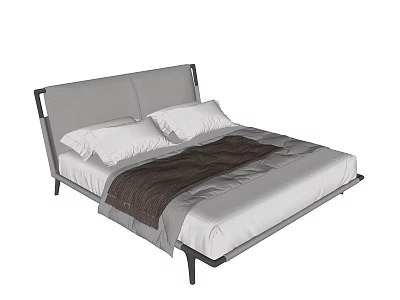 Double Bed With Gray Padded Headboard Metal Frame White Pillows Brown Blanket And White Bedding 3d model