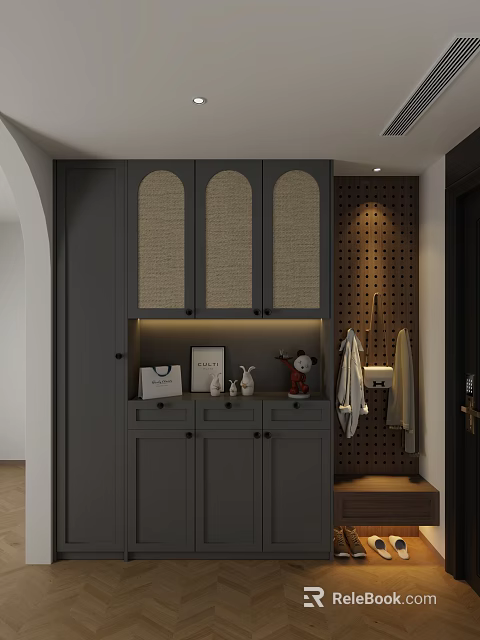 Modern Entryway Hallway With Gray Arched Cabinets Lighting Perforated Board And Decorative Items 3d model
