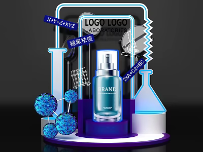 Laboratory Formulated Hyaluronic Acid Serum With 3% Concentration Neon Display Molecular Models And Beakers 3d model