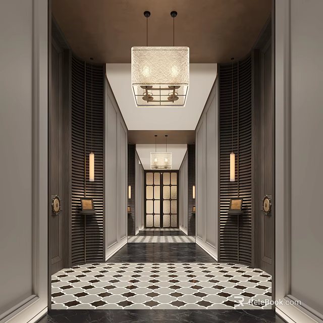Modern Hotel Corridor With Vertical Wooden Panels And Patterned Floor Tiles 3d model 