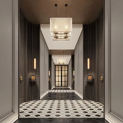 Modern Hotel Corridor With Vertical Wooden Panels And Patterned Floor Tiles 3d model