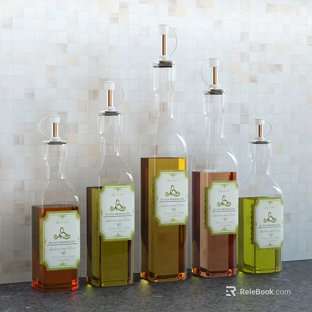 Glass Wine Bottles With Green Label Design And Various Colored Liquids Against Light Tiled Wall 3d model 