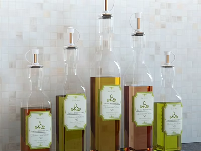 Glass Wine Bottles With Green Label Design And Various Colored Liquids Against Light Tiled Wall 3d model