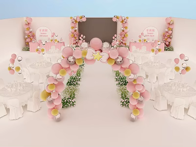 Pink Balloon Arch Party Setup With White Tables Chairs And Flower Decorations 3d model
