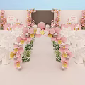 Pink Balloon Arch Party Setup With White Tables Chairs And Flower Decorations