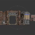 Rustic Industrial Building Entrance With Wood Metal Arched Doorway Wheeled Structure Barrels And Mechanical Parts