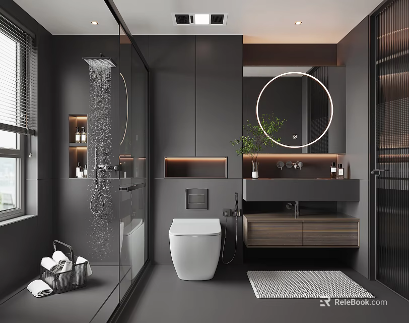 Modern Bathroom Interior With Glass Shower Round Mirror Wooden Vanity White Toilet And Green Plant 3d model 