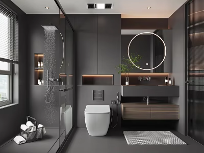 Modern Bathroom Interior With Glass Shower Round Mirror Wooden Vanity White Toilet And Green Plant 3d model
