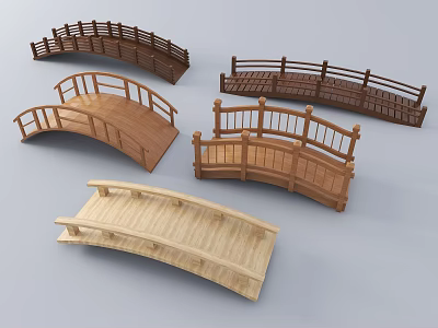 Wooden Landscape Bridges With Various Curved Designs And Decorative Railings For Gardens 3d model