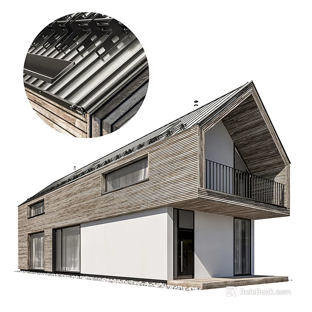 Detached Villa With Wooden White Exterior Sloped Roof Solar Panels Balcony And Large Windows 3d model 