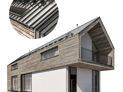 Detached Villa With Wooden White Exterior Sloped Roof Solar Panels Balcony And Large Windows 3d model