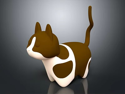 Adorable Brown and White Cat Figurine with Shiny Surface on Gray Background 3d model