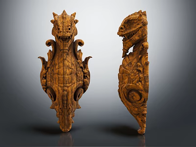 Wooden Dragon Shaped Sculptures With Intricate Carvings And Two Sides Display Design 3d model