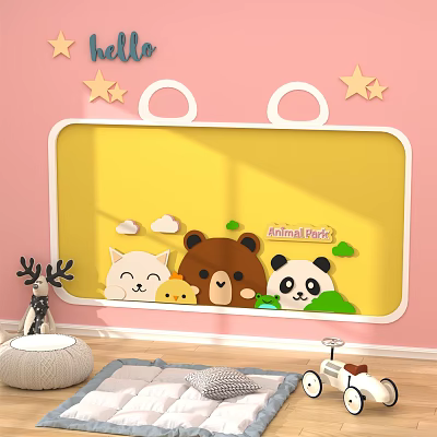 Cute Animal Themed Wall Decor With Yellow Background And Star For Kids Room 3d model