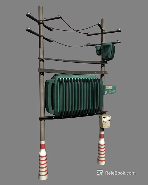 Cartoon Scene With Green Radiator Metal Stand Street Lamp Sign And Red White Poles 3d model 