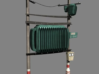 Cartoon Scene With Green Radiator Metal Stand Street Lamp Sign And Red White Poles 3d model