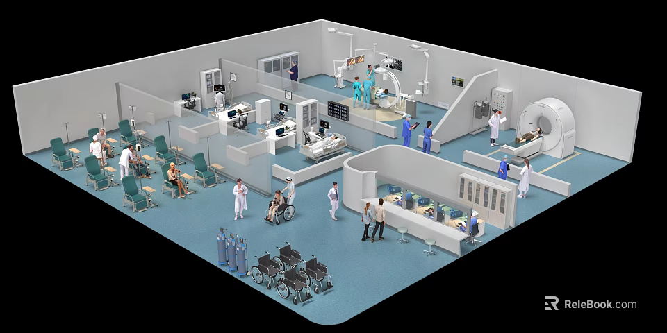 Public Office Area With Medical Staff Wheelchairs CT Scanner Beds And Waiting Chairs 3d model 