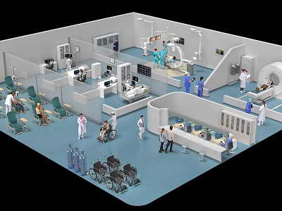 Public Office Area With Medical Staff Wheelchairs CT Scanner Beds And Waiting Chairs 3d model