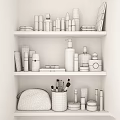 Organized Washing Daily Necessities Storage With Cosmetics Bottles And Makeup Brushes On Shelves