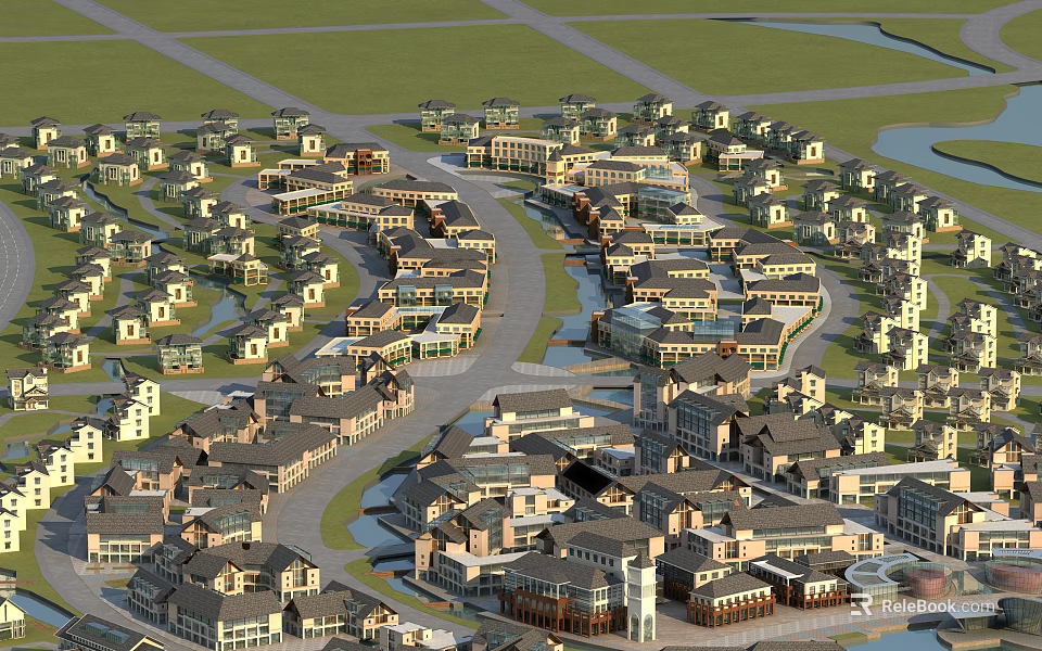 Residential Buildings in Large Well Planned Community With Green Spaces And Water Features 3d model 