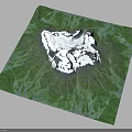 Snow Covered Central Terrain Surrounded by Lush Green Vegetation and River Like Textures