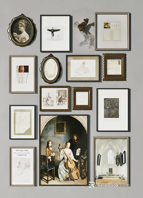 Gallery Wall Featuring Various Framed Artworks With Different Styles And Colors 3d model