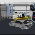 Modern Car Showroom Featuring Glass Facade Yellow Silver Cars Posters Red Bar Stools And Windows