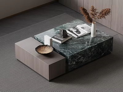 Modern Green Marble Coffee Table With Dried Pampas Grass Vase Magazines And Decorative Bowl 3d model