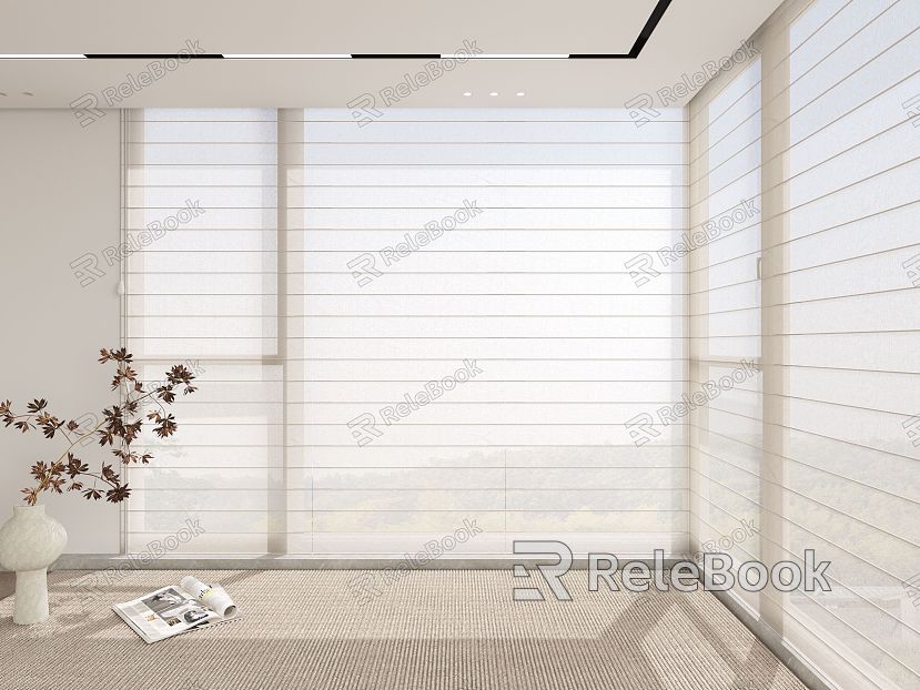 Venetian blinds, roller blinds, gauze blinds, curtains, carpet, floral art books model