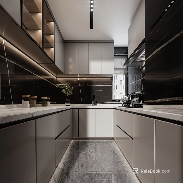 Modern Kitchen Interior Design With Gray Cabinets Black Marble Countertop And Green Plant 3d model 