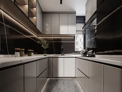 Modern Kitchen Interior Design With Gray Cabinets Black Marble Countertop And Green Plant 3d model