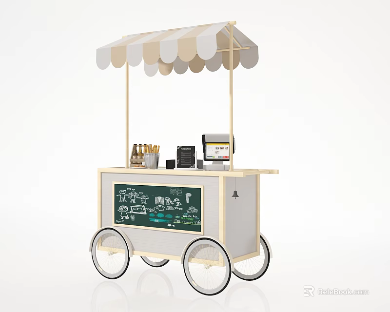 Mobile Beverage Cart With Striped Awning Chalkboard Menu And Coffee Machine 3d model 