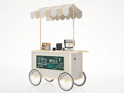 Mobile Beverage Cart With Striped Awning Chalkboard Menu And Coffee Machine 3d model