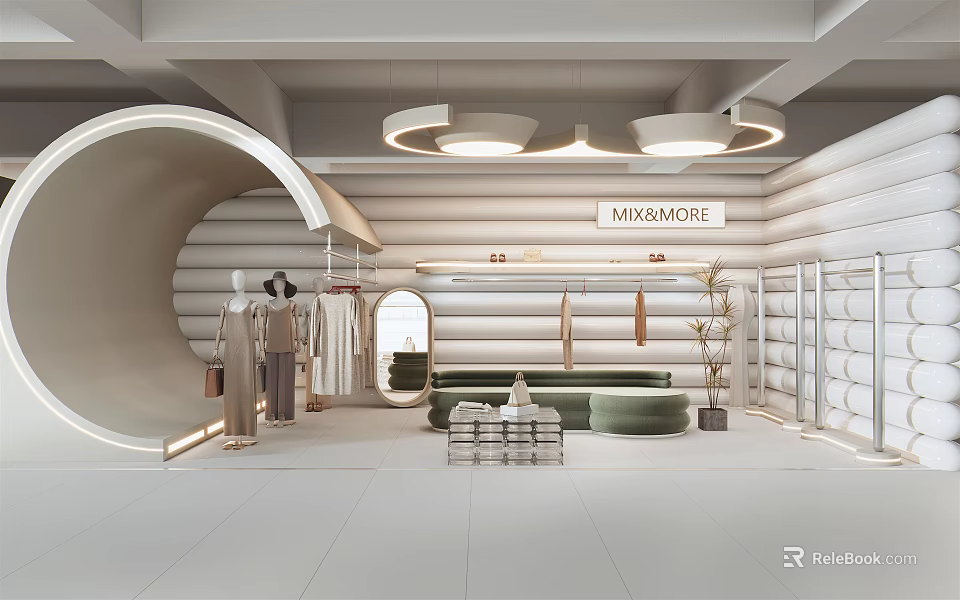 KIMMORE Modern Clothing Store Interior With Curved Design Displayed Clothes Sofa Mirror Plant And Shelves 3d model 