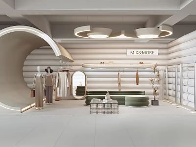 KIMMORE Modern Clothing Store Interior With Curved Design Displayed Clothes Sofa Mirror Plant And Shelves 3d model